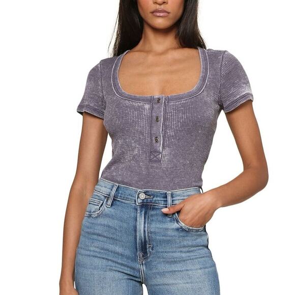 Project Social T Women's Most Wanted Burnout Henley Tee Sz S Purple Ribbed NWOT - Picture 1 of 6